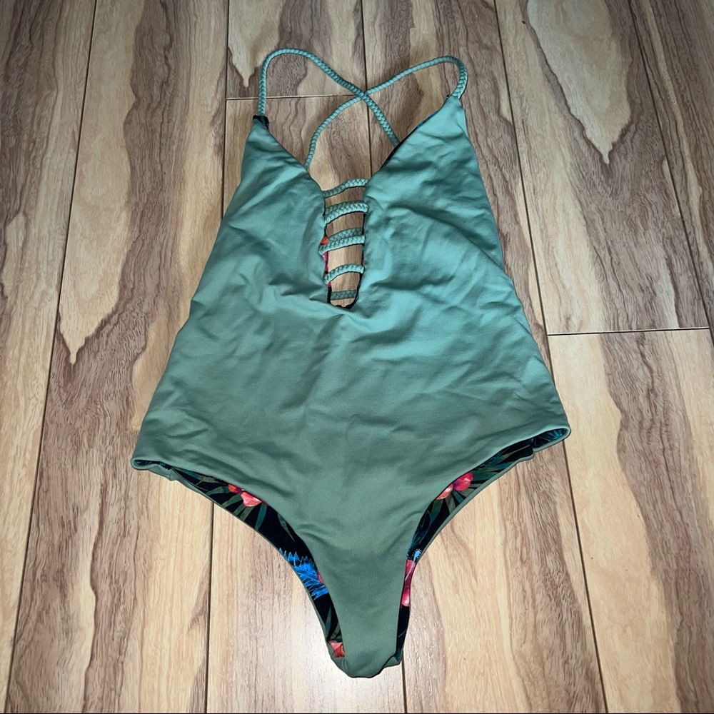 Reversible green and floral print bathing suit. From a boutique in Hawaii.